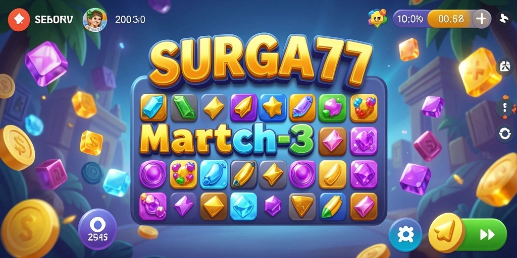Screenshot utama SURGA77 menunjukkan gameplay Match-3 yang seru.