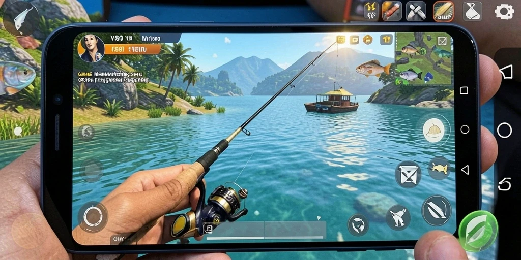 Screenshot V89 menampilkan pemain yang menangkap ikan di laut yang indah.